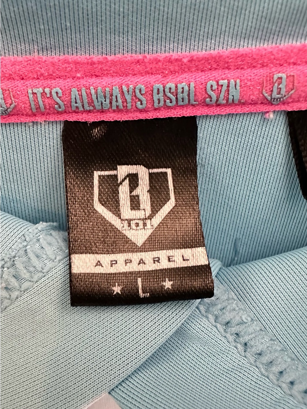 Baseball lifestyle 101 hooded t-shirt Size Large light blue with pink logo - Picture 6 of 9